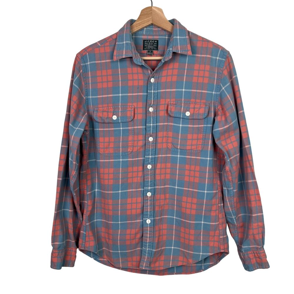 J. Crew Men's Peachy Pink and Sky Blue Button Up Soft Plaid‎ Shirt Size Small